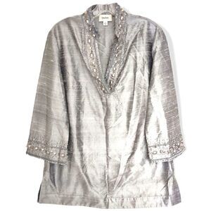 Vintage Neiman Marcus Silver Top Pullover V Neck Silk LS Beaded M‎